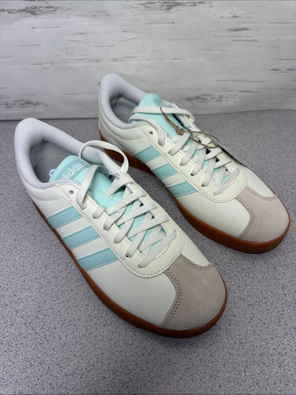 adidas Men’s Leather Sneakers in White & Light Blue with Gum Sole